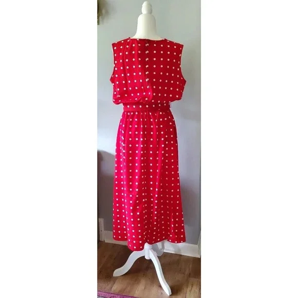 Vtg Blair Sz L Rockabilly Midi Dress Sleeveless Red White Polka Dot Long Belted - Picture 5 of 11